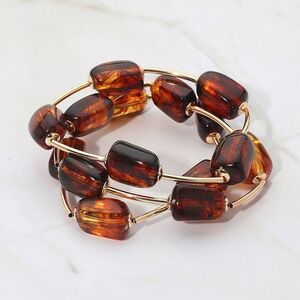 Tortoise Speckled Resin Pebble Beaded 3 Pc Set Stretch Bracelets MultiLayered